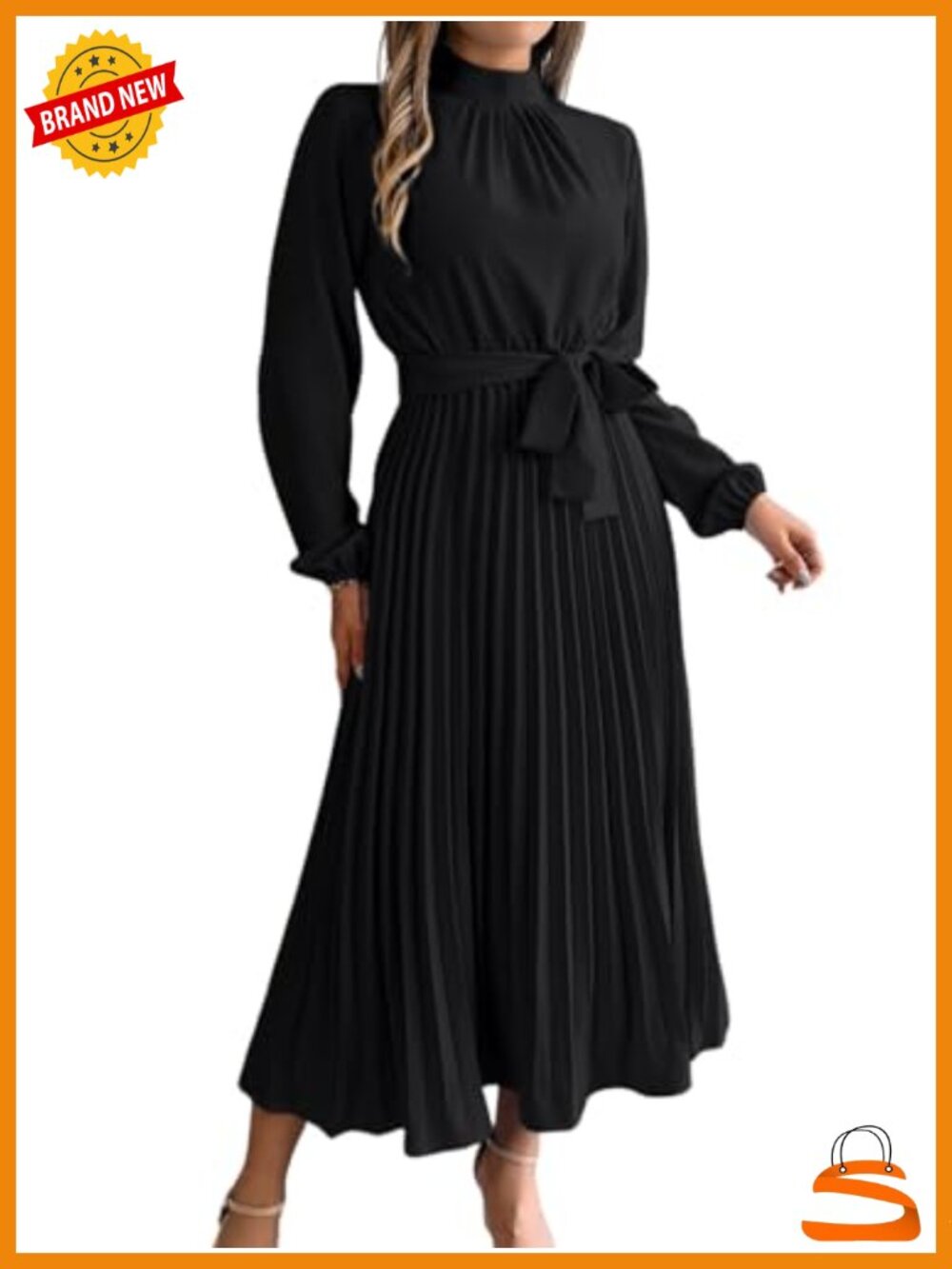 Pleated Long Sleeve Maxi Dress Mock Neck Flowy Formal Church Funeral